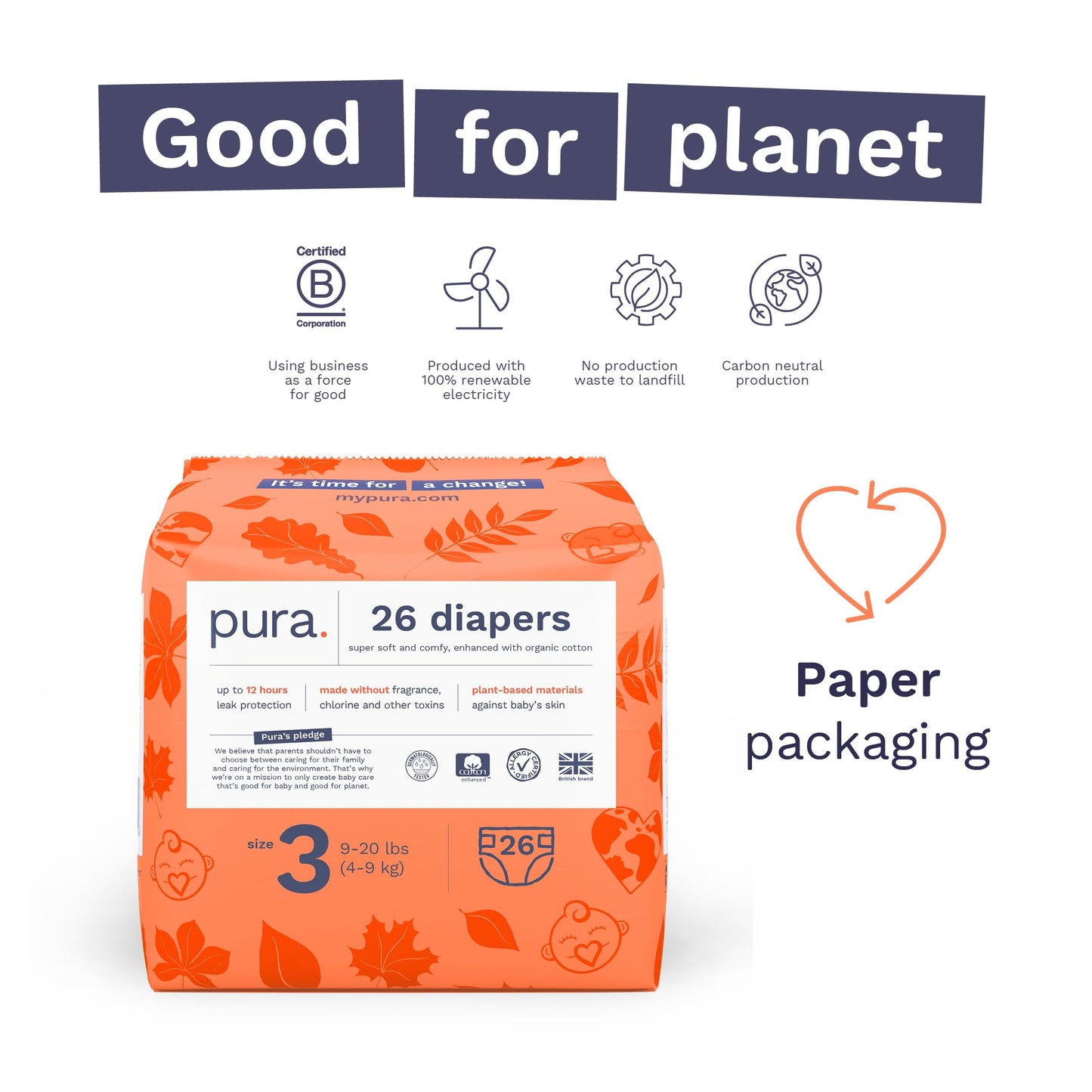 Pura Size 3 Eco-Friendly Diapers (9-20 Lbs) Totally Chlorine Free (Tcf) Hypoallergenic, Soft Organic Cotton, Sustainable, Up To