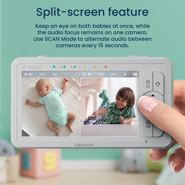 Babysense 5' Hd Split-Screen Baby Monitor, Video Baby Monitor With 2 Cameras And Audio, Night Light, 960Ft Range, Two-Way Audio