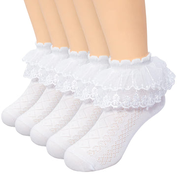 Looching 5 Pairs Toddler Girls Lace Ruffle Socks Baby Kids Eyelet Cotton White Frilly Princess Dress Sock Cute Dance Sock For 2-