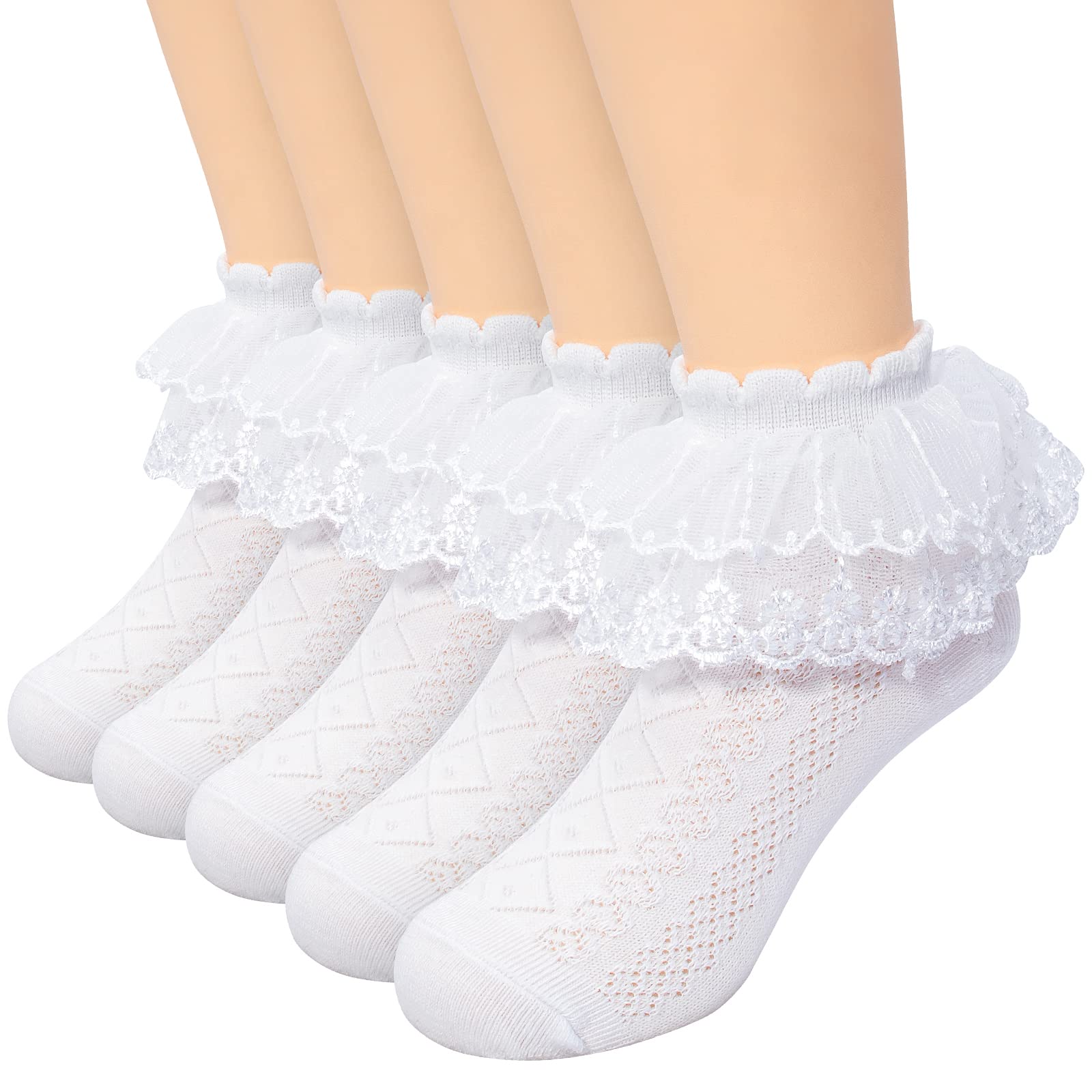 Looching 5 Pairs Toddler Girls Lace Ruffle Socks Baby Kids Eyelet Cotton White Frilly Princess Dress Sock Cute Dance Sock For 7-