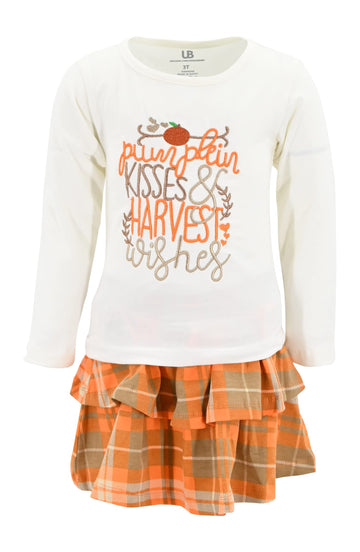 Unique Baby Girls Pumpkin Kisses Plaid 2 Piece Fall Thanksgiving Skirt Set (3T)