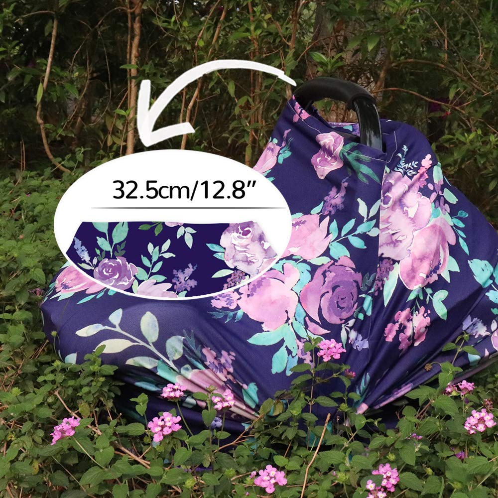 Carseat Cover Girls, Multiuse - Nursing Breastfeeding Covers, Purple Flower Theme, Car Seat Canopy, Stretchy Soft Breathable