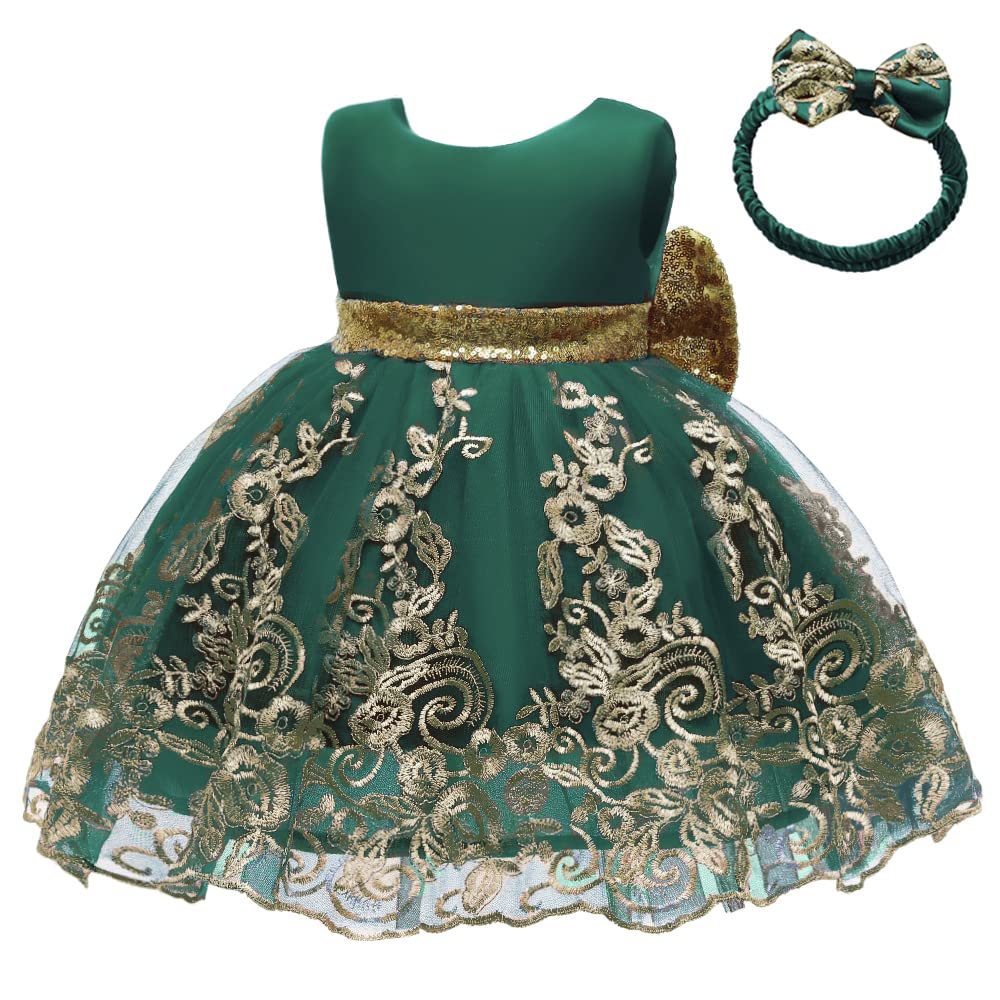 Baby Girls Embroidery Lace Dresses Toddler Ruffles Infant Easter Tutu Birthday Dress With Headwear (Dark Green,70)