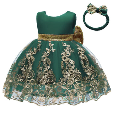 Baby Girls Embroidery Lace Dresses Toddler Ruffles Infant Easter Tutu Birthday Dress With Headwear (Dark Green,70)