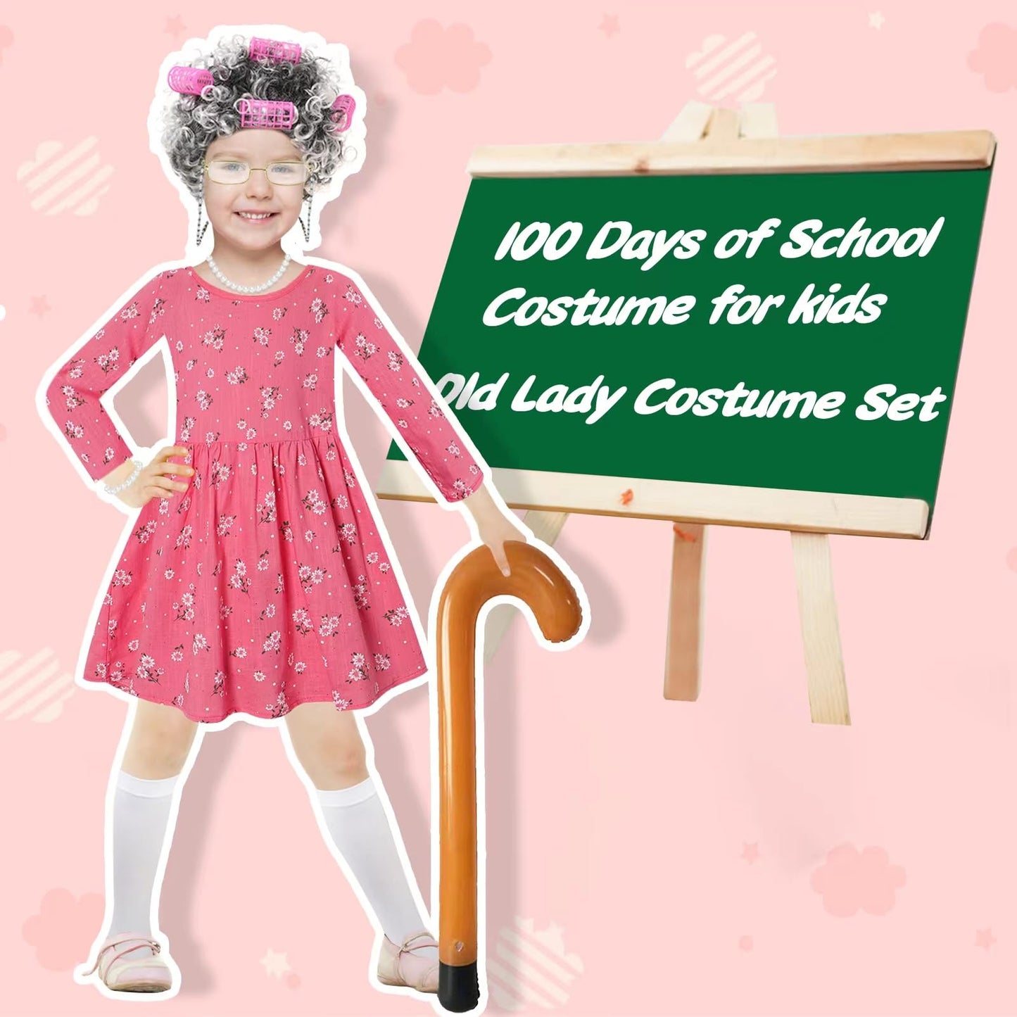 Old Lady Costume For Kids Girls 6T -7T 100 Days Of School Costume Outfit 100Th Day Of School Dress Up For Girls Kids Granny Gran