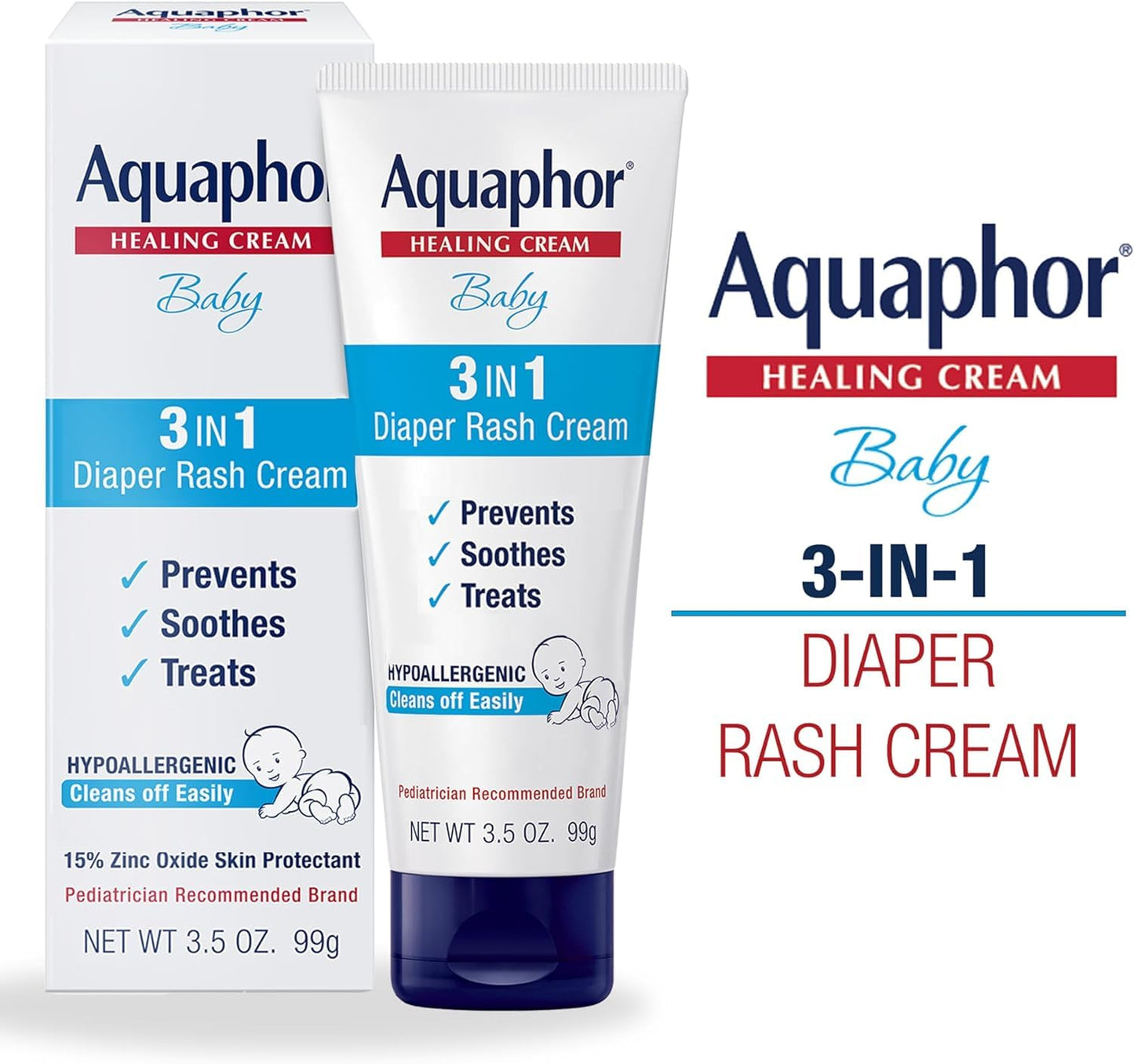 Aquaphor Baby Diaper Rash Cream, 3-In-1 Diaper Rash Relief, 3.5 Oz Tube, Pack Of 2