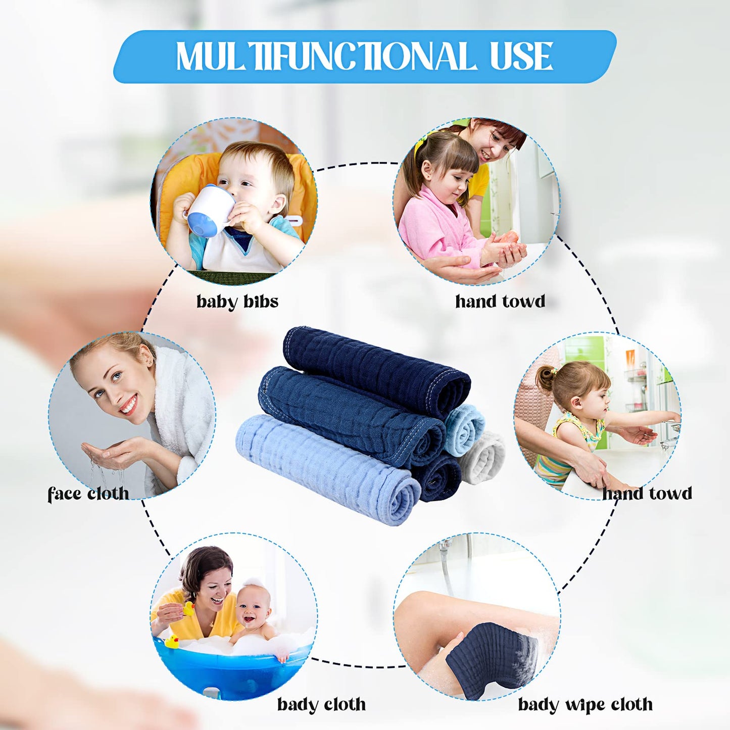 Frienda 6 Pack Muslin Burp Cloths Cotton Large 20x 9 Extra Absorbent and Soft Baby Burping Cloth for Baby Boy Girl Unisex(Bl