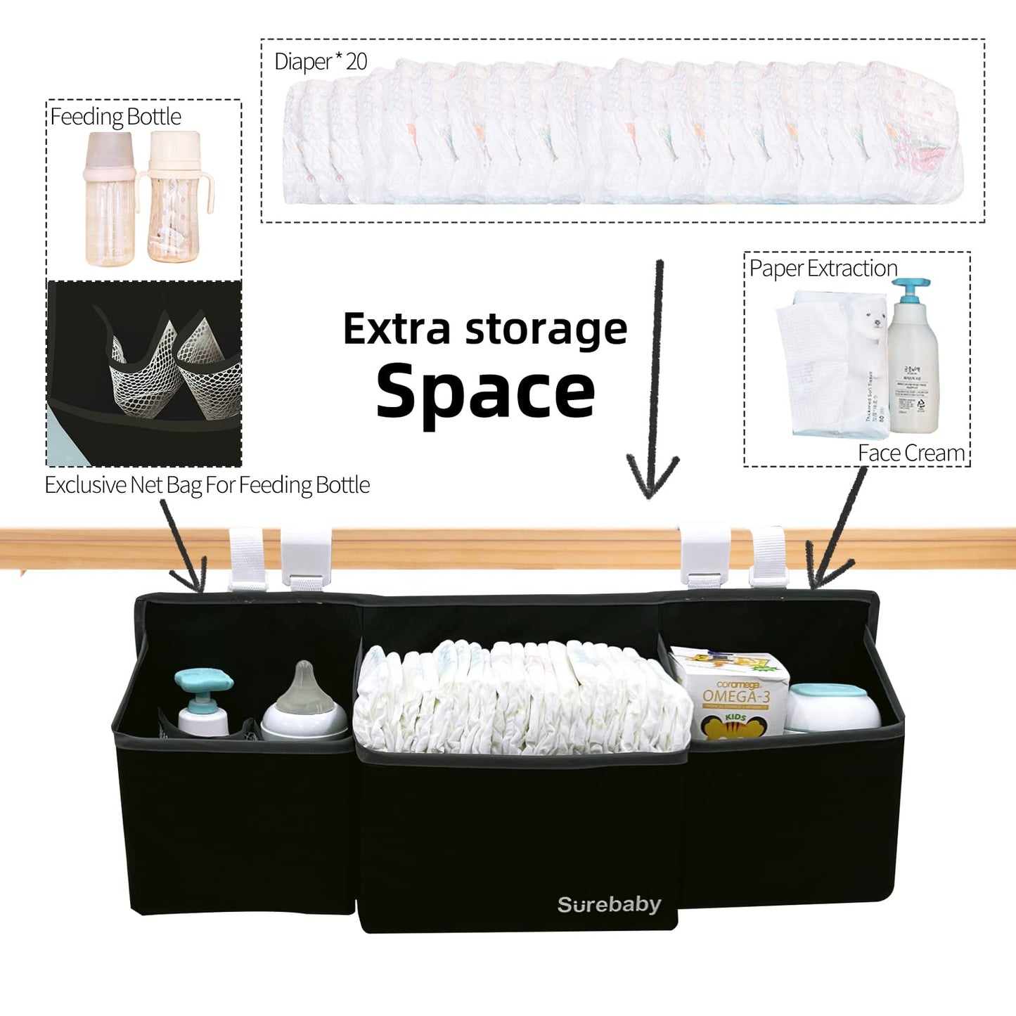 Surebaby Hanging Baby Diaper Caddy, 3-In-1 Diaper Caddy Organizer Holder For Baby Crib, Nursery Organization Diaper Stacker Stor
