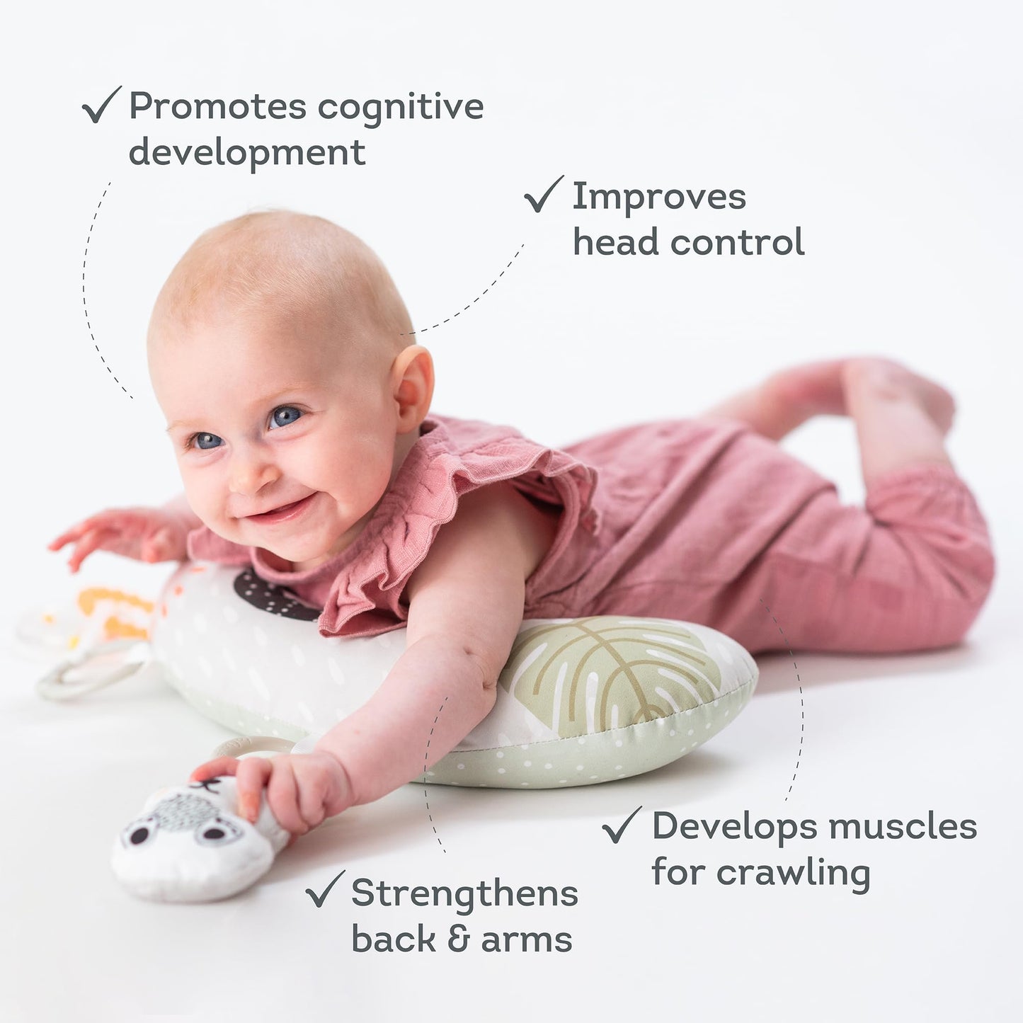 Taf Toys Ergonomic Tummy Time Cushion With Teether And Rattle - Soft And Supportive Baby Cushion For Enhanced Motor Skills Devel