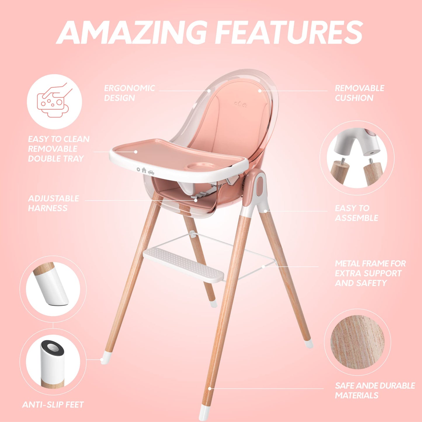 Children of Design 6 in 1 Deluxe Wooden High Chair for Babies & Toddlers Modern Safe Compact Baby Highchair, Easy to Clean, Remo