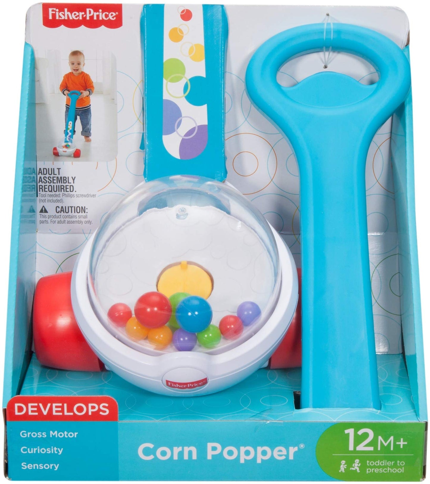 Fisher-Price Corn Popper Baby Toy, Toddler Push Toy with Ball-Popping Action for 1 Year Old and Up, 2-Piece Assembly, Blue