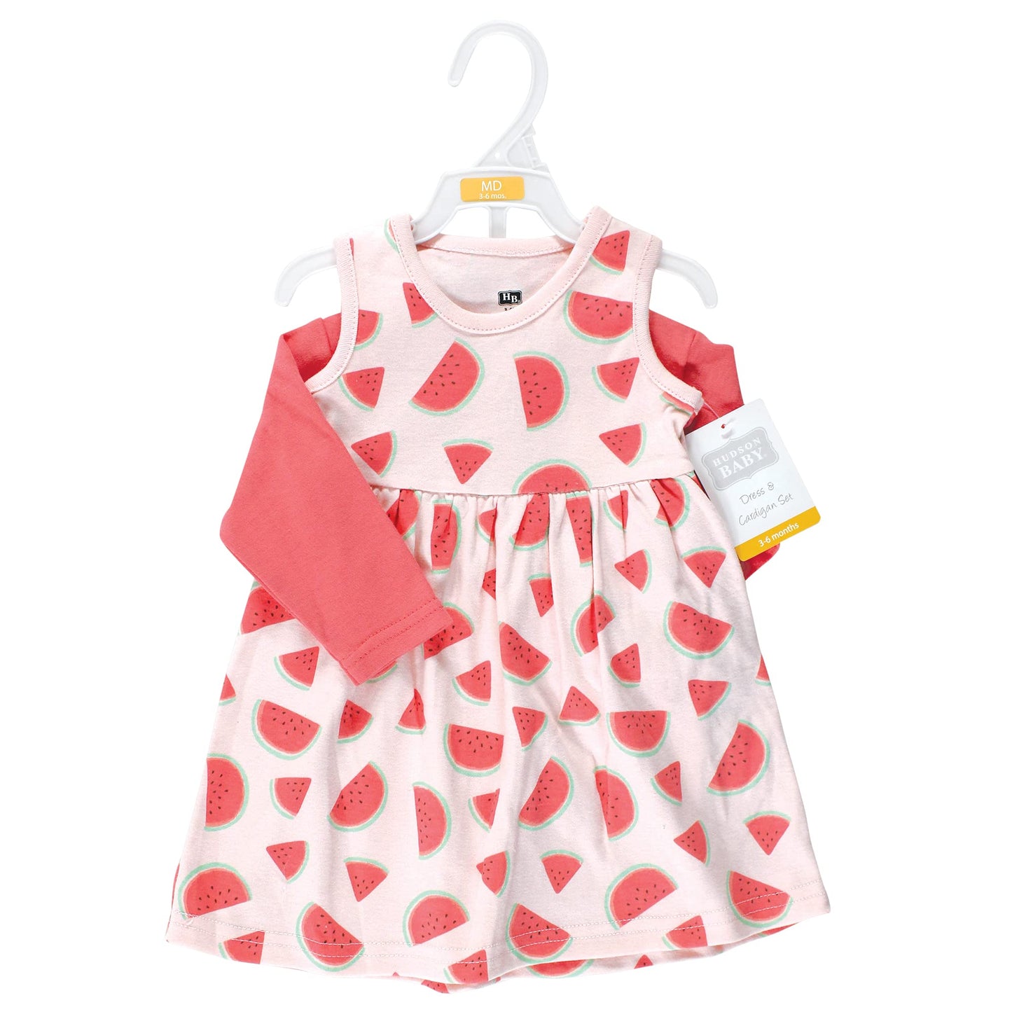 Hudson Baby Baby Girls' Cotton Dress And Cardigan Set, Coral Watermelon, 3-6 Months