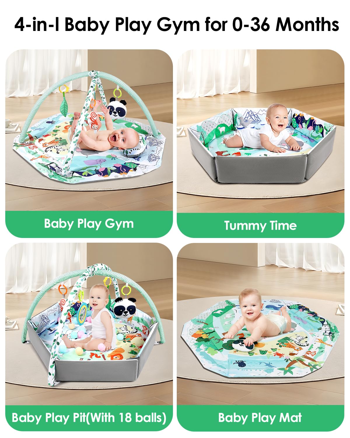 Dearlomum 4-In-1 Tummy Time Mat,Baby Activity Play Mat,Newborn Play Baby Mats For Floor With 6 Infant Learning Sensory Baby Toys