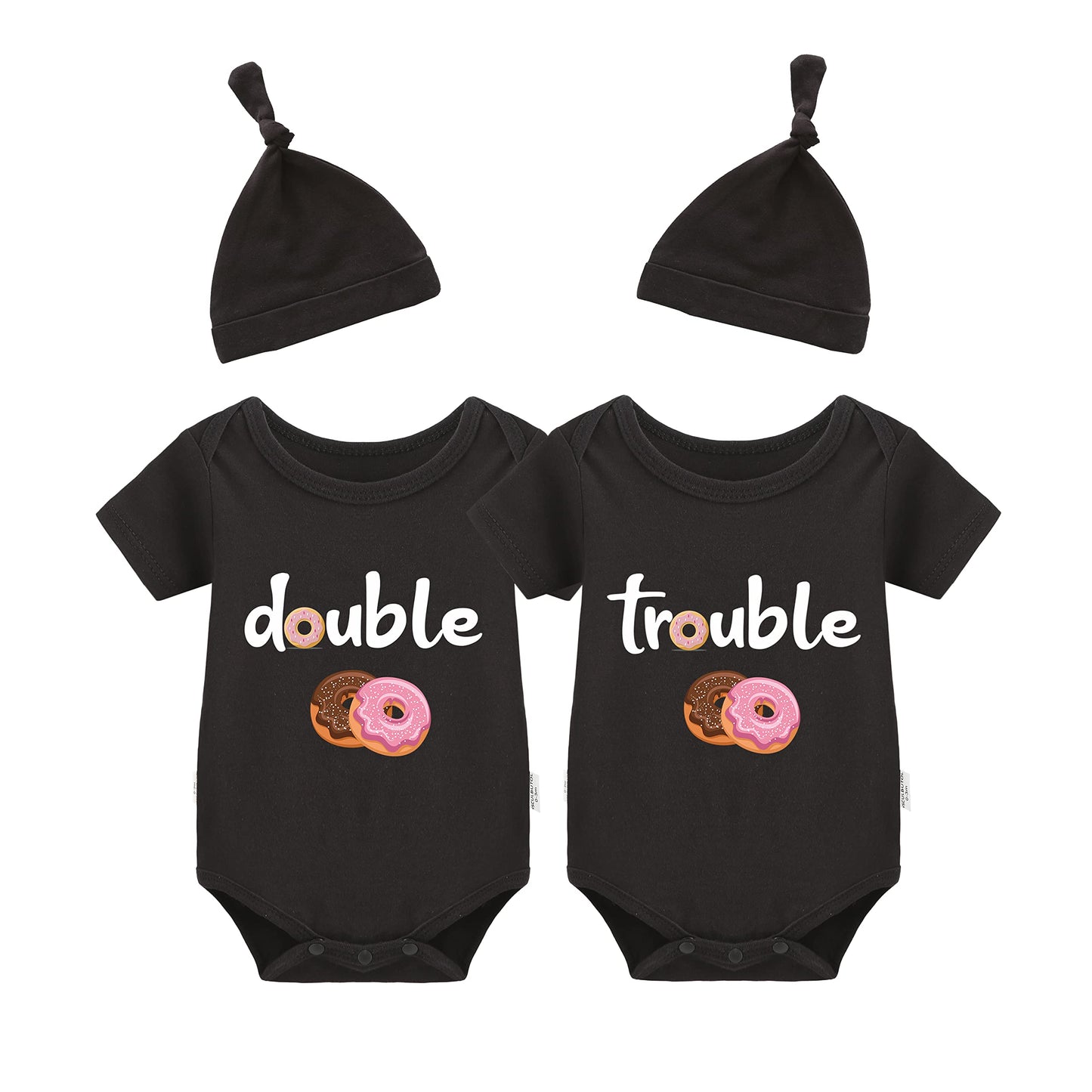 Ysculbutol Baby Twins Bodysuits Funny Double Trouble Cute Romper Twin Jumpsuits Hat Set(Sweet Blacksm)