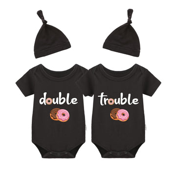 Ysculbutol Baby Twins Bodysuits Funny Double Trouble Cute Romper Twin Jumpsuits Hat Set(Sweet Blacksm)