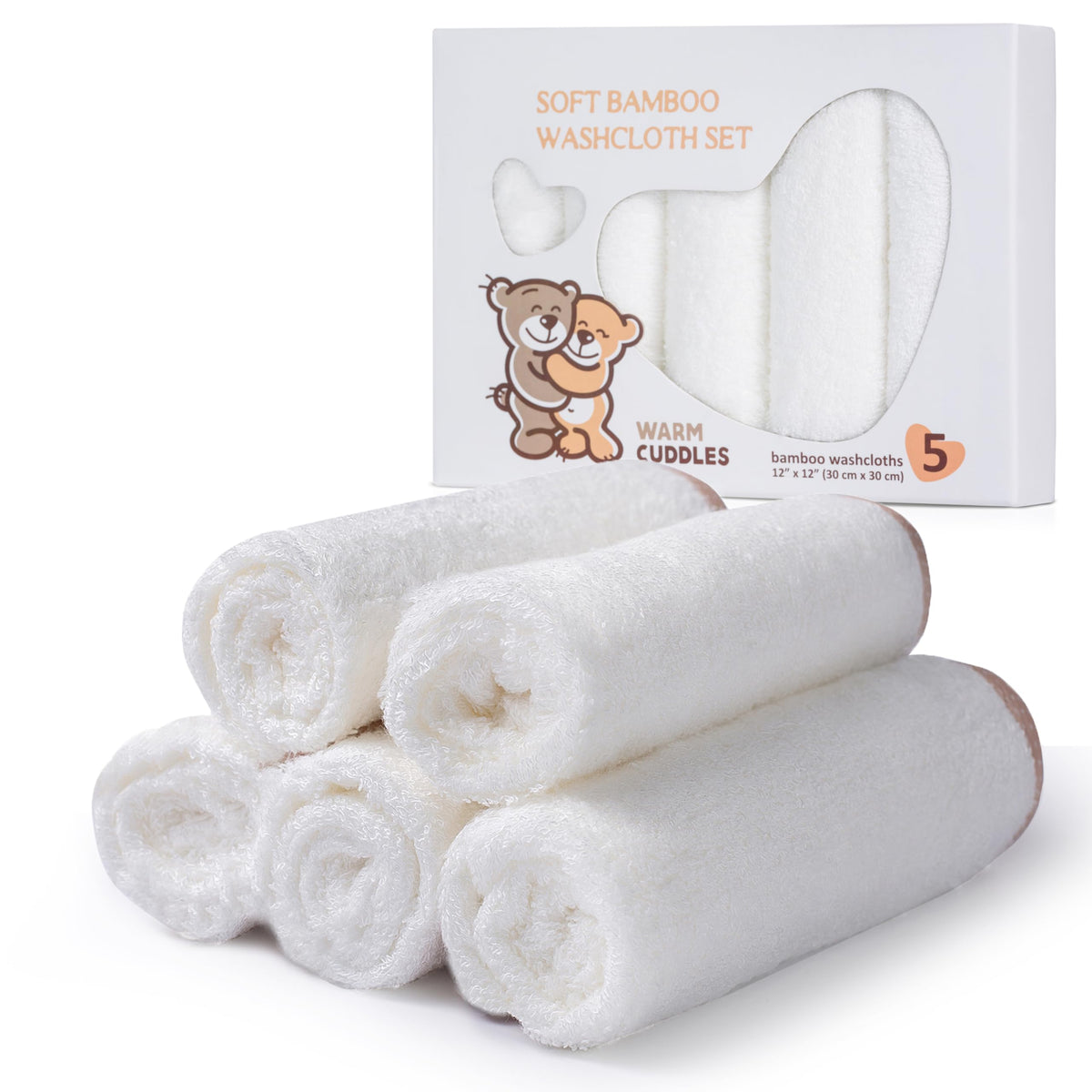 Warm Cuddles Bamboo Baby Washcloths Set  Soft Natural Baby Wipes For Delicate Skin  Absorbent Newborn Bath Face Towel (White)