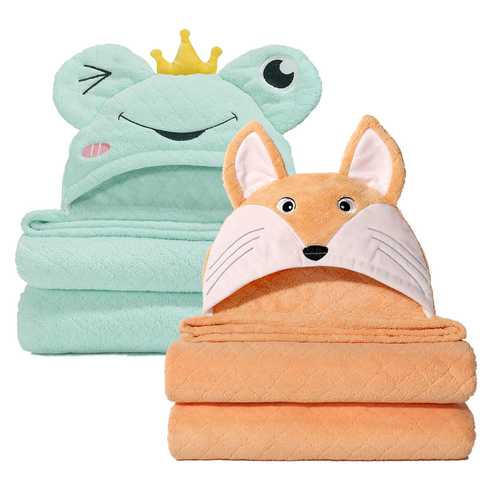 Wodhoy Toddler Bath Towel Hooded Towels For Kids 0-5 Years, 2-Pack Thick Absorbent Large 50'X 32' Baby Towels With Hood Aniaml