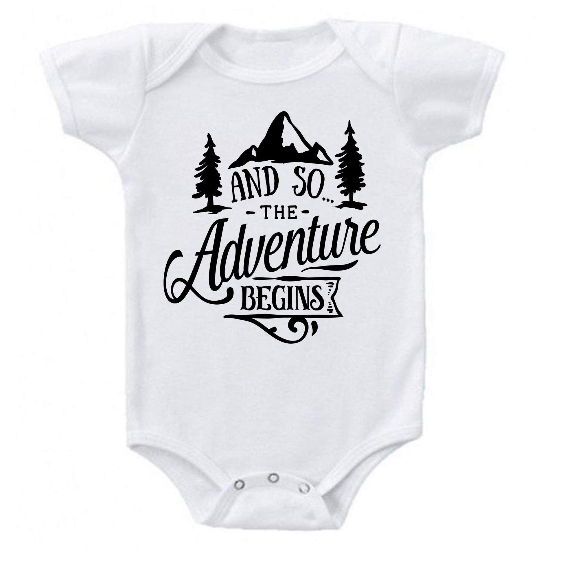 Ink Trendz And So Let The Adventure Begin Baby Pregnancy Announcement Baby Bodysuit One-Piece Romper (Newborn, White)