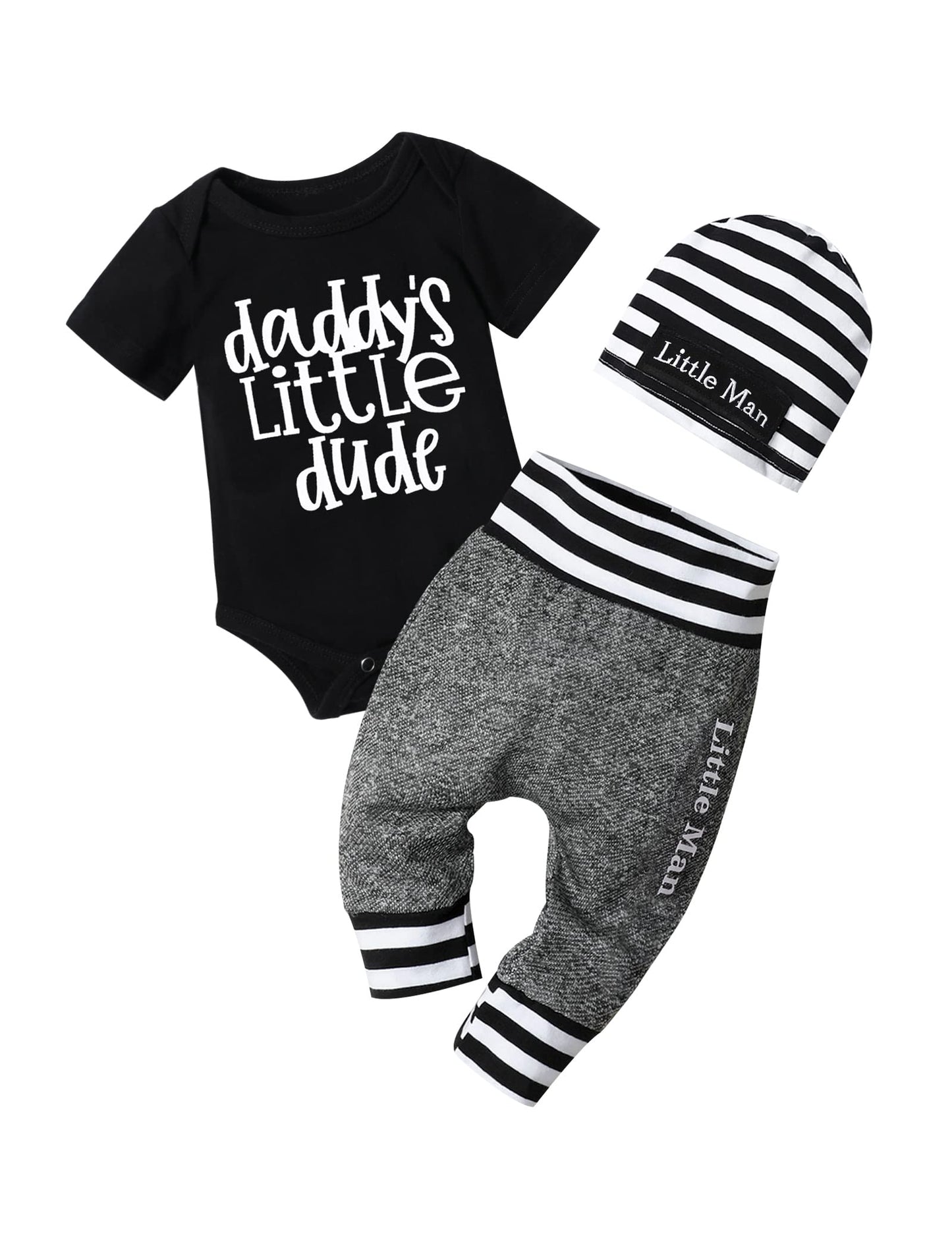 Fommy Baby Boy Clothes Newborn Boy Outfits Daddy'S Little Dude Newborn Rpmper Little Man Pants Hat 3Pcs Cute Infant Boy Clothes