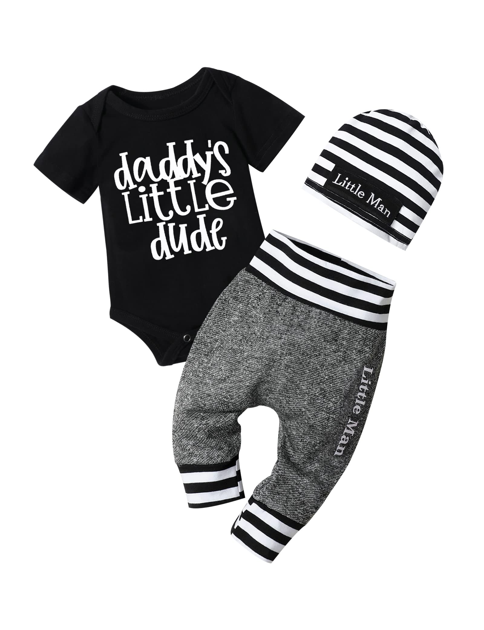 Fommy Baby Boy Clothes Newborn Boy Outfits Daddy'S Little Dude Newborn Rpmper Little Man Pants Hat 3Pcs Cute Infant Boy Clothes