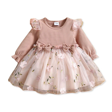 Patpat Baby Girl Pink Ribbed Long-Sleeve Bowknot Floral Embroidered Mesh Dress Pink 3 Years
