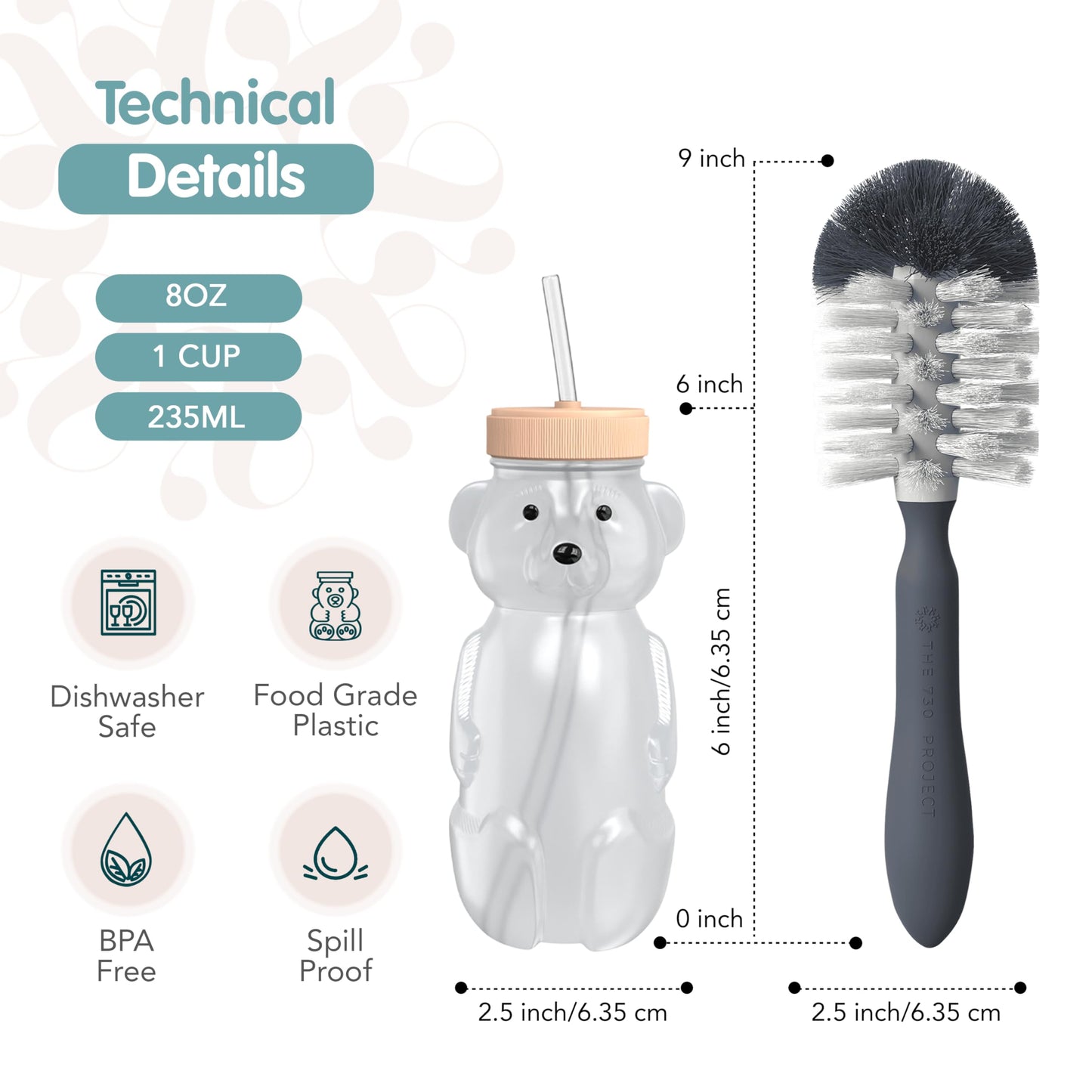 The 730 Project Honey Bear Straw Cup For Babies, 8Oz Honey Bear Cup With Bottle Brush, 2-Pack Improved Lid Therapy Learning Hone