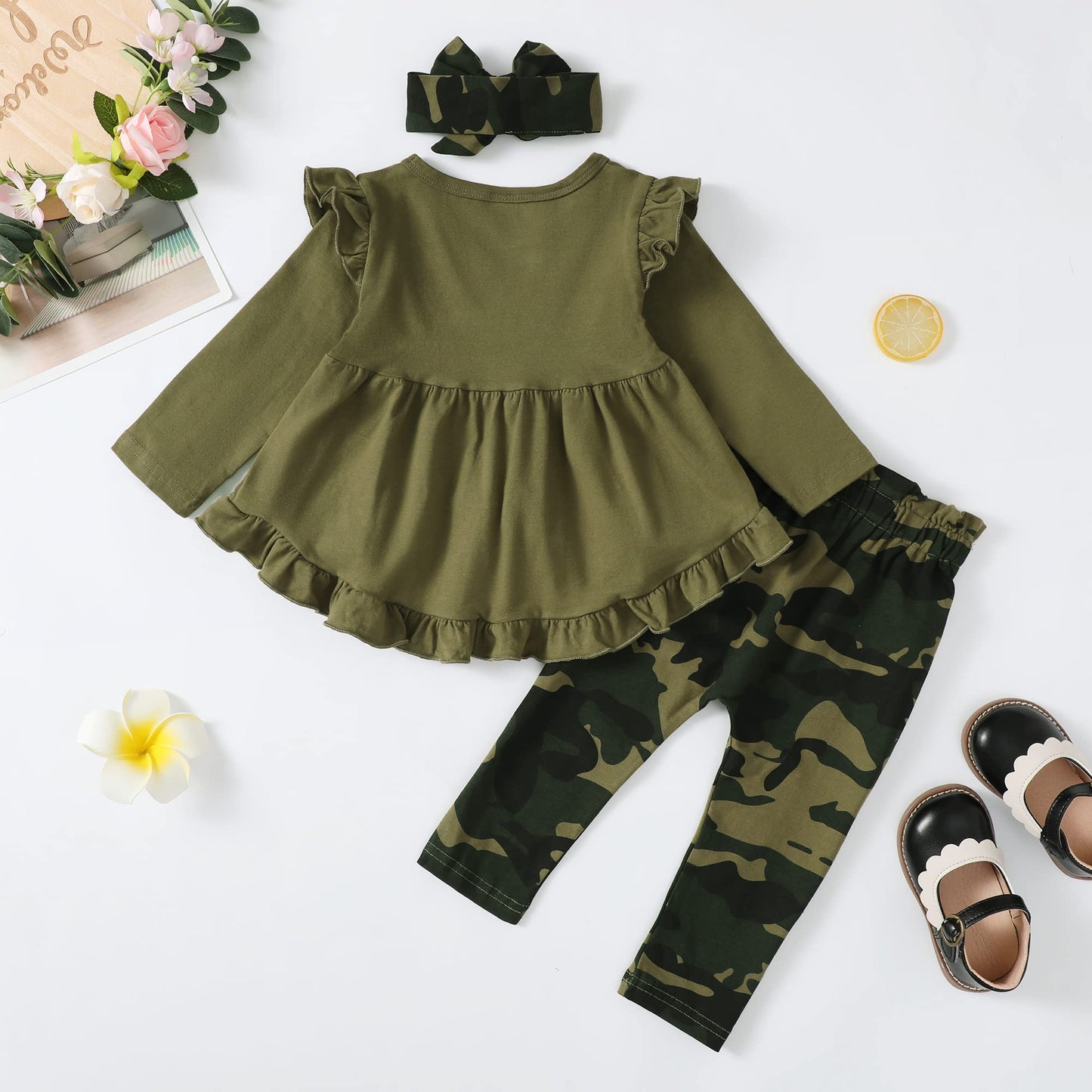 Kucnuzki Fall Baby Girl Clothes 12-18 Months Girl Outfit Toddler Baby Ruffle Shirt Top Camo Green Pants Set 3Pcs Girl Winter Out