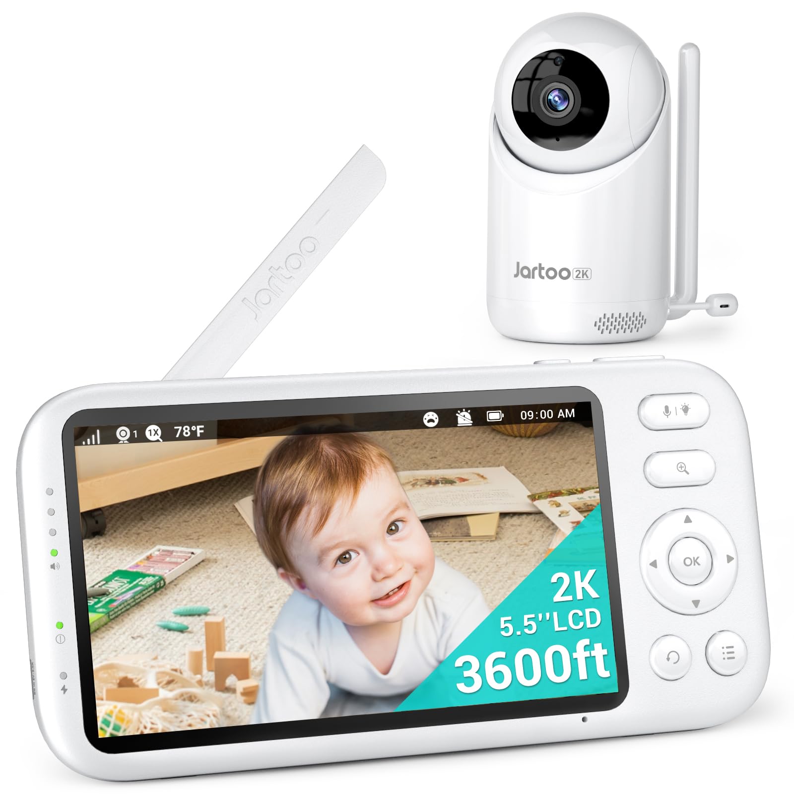Jartoo 2K Video Baby Monitor With Camera And Audio, 3600Ft Long Range Baby Monitor No Wifi 5.5' Fhd Screen Anc Baby Camera Wire