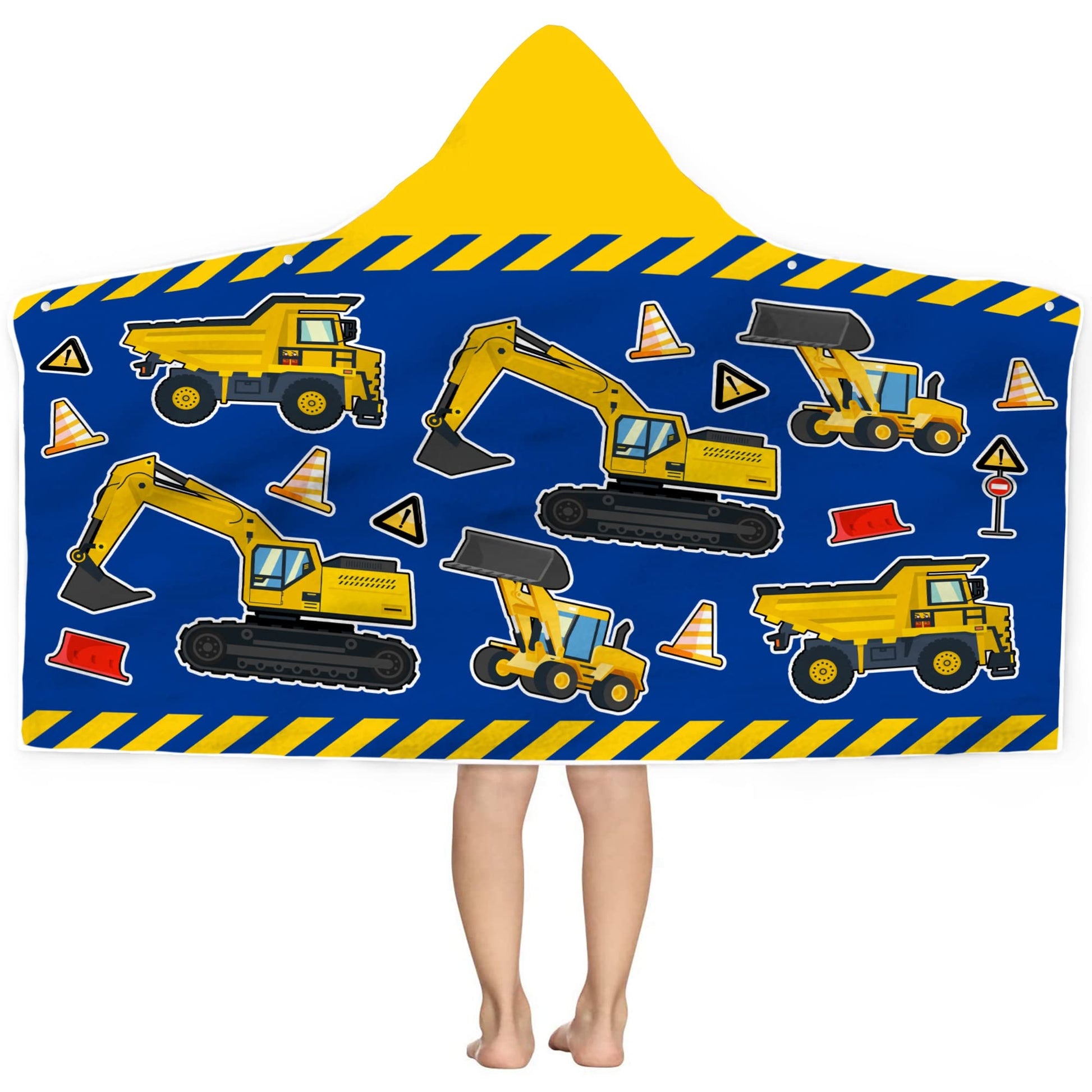 Kids Beach Towel With Hood - Excavators Vehicles Engineering Theme for Boys Girls, Microfiber Soft Bath Poncho Bathrobe Wrap Rob