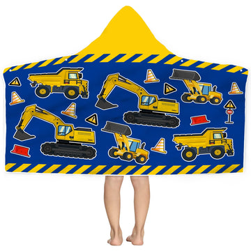 Kids Beach Towel With Hood - Excavators Vehicles Engineering Theme for Boys Girls, Microfiber Soft Bath Poncho Bathrobe Wrap Rob