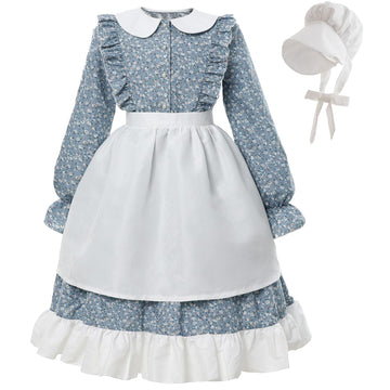 Fccam Prairie Dresses For Girls Pioneer Costume 19Th Century Long Sleeves Colonial Dress Blue L Age Over 4 Years Old