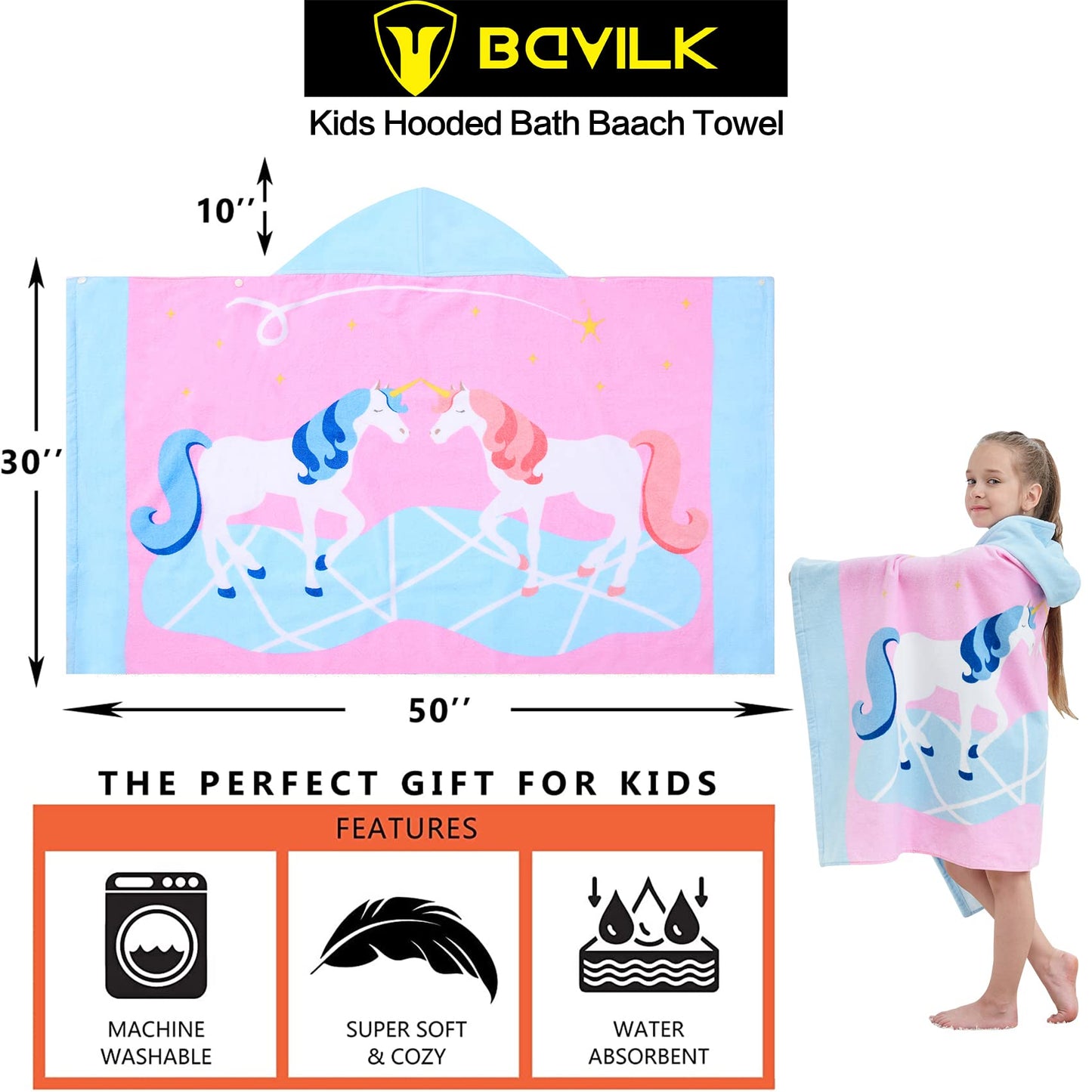 Bavilk Kids Hooded Bath Beach Towel Girls Boys Swim Pool Cover Up Super Absorbent Cute Cartoon Animal Full Vitality (Lucky Unico