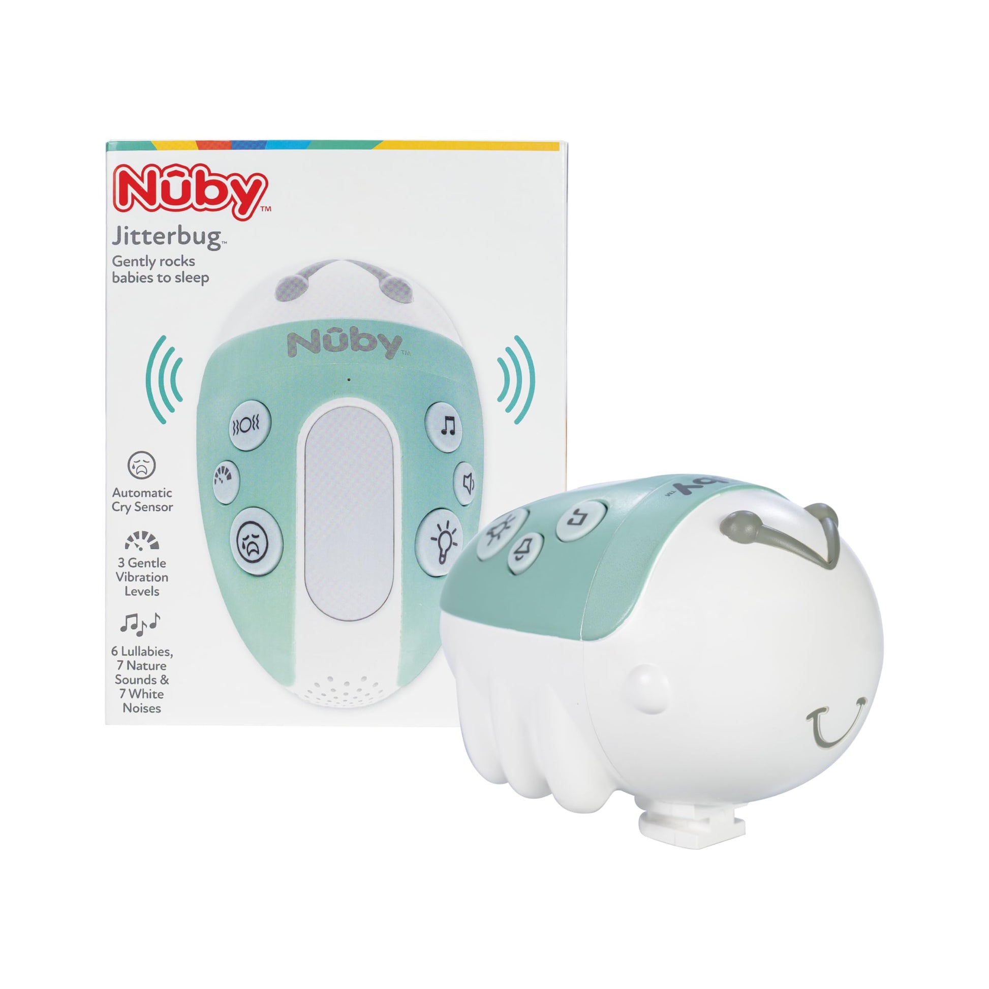 Nuby Jitterbug Stroller Rocker & Sound Machine for Babies - Portable Soother with Vibrations, Sounds, and Light Colors - USB-C R