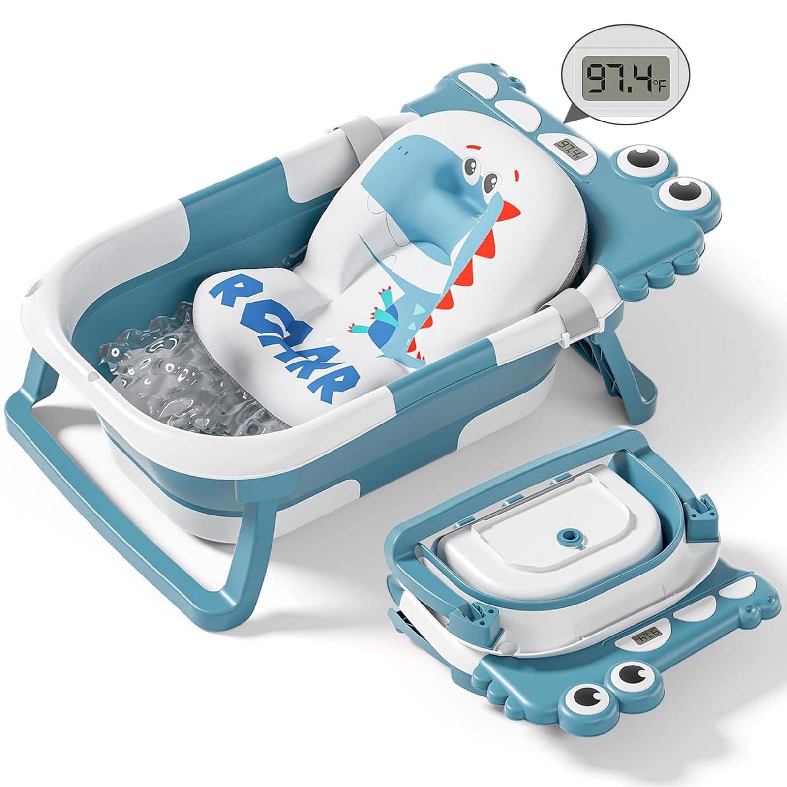 Collapsible Baby Bathtub for Newborn with Thermometer & 1 Soft Floating Cushion & Drain Hole, Foldable & Portable Travel Baby Ba