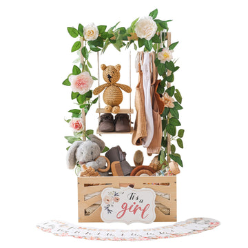 Wooden Baby Shower Crate Closet Baby Basket With Adjustable Handle And Garland Portable Storage Crate Hamper Baby Shower Wooden