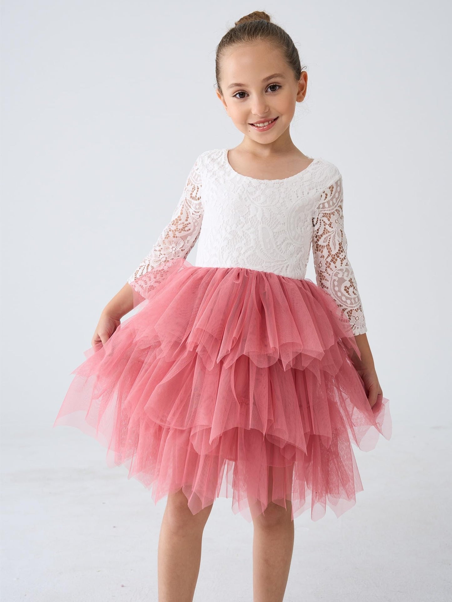 2Bunnies Girl Peony Lace Back A-Line Tiered Tutu Tulle Flower Girl Dress (Dusty Rose Sleeve Short, 7-8Yrs)