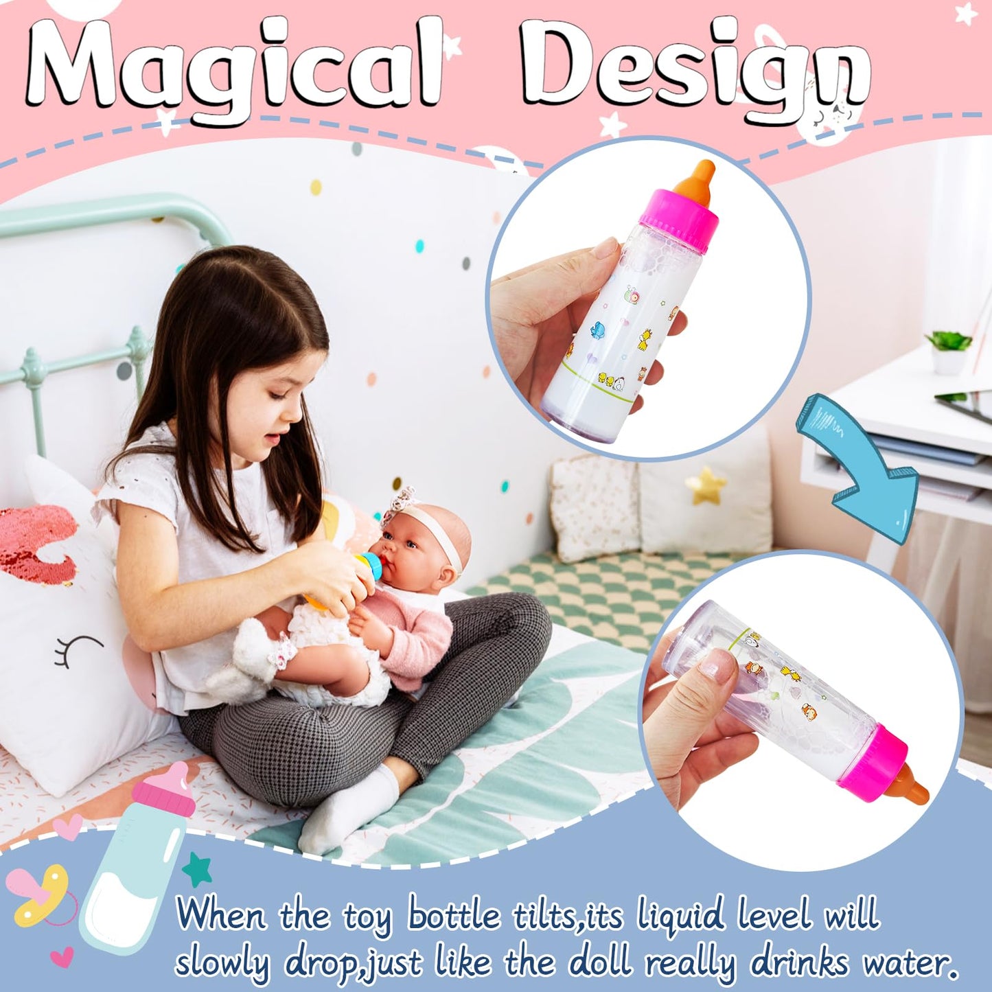 12 Pcs Baby Doll Accessories Magic Bottle Set,Pretend Play Feeding Toy Set With Package,Doll Feeding Set For Kids Girls,Magic Di