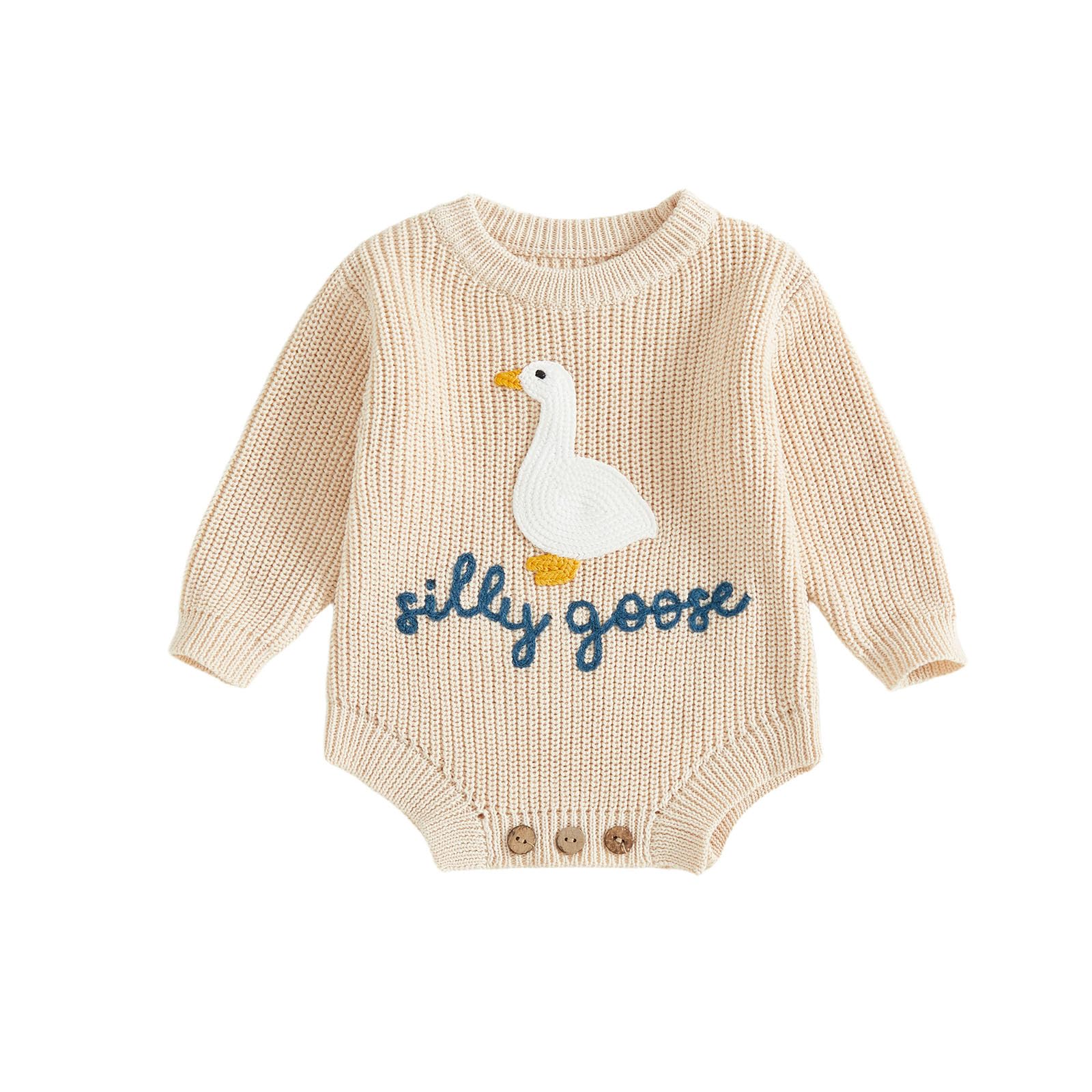 Baby Girl Boy Fall Winter Outfit Long Sleeve Silly Goose Embroidery Knit Sweater Bubble Romper Newborn Clothes (Ivory, 12-18 Mon
