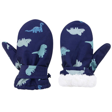 Lined Fleece Toddler Mittens Kids Winter Warm Gloves Child Ski Gloves Waterproof Snow Baby Mitten For Boys Girls Blue Dinosaur M