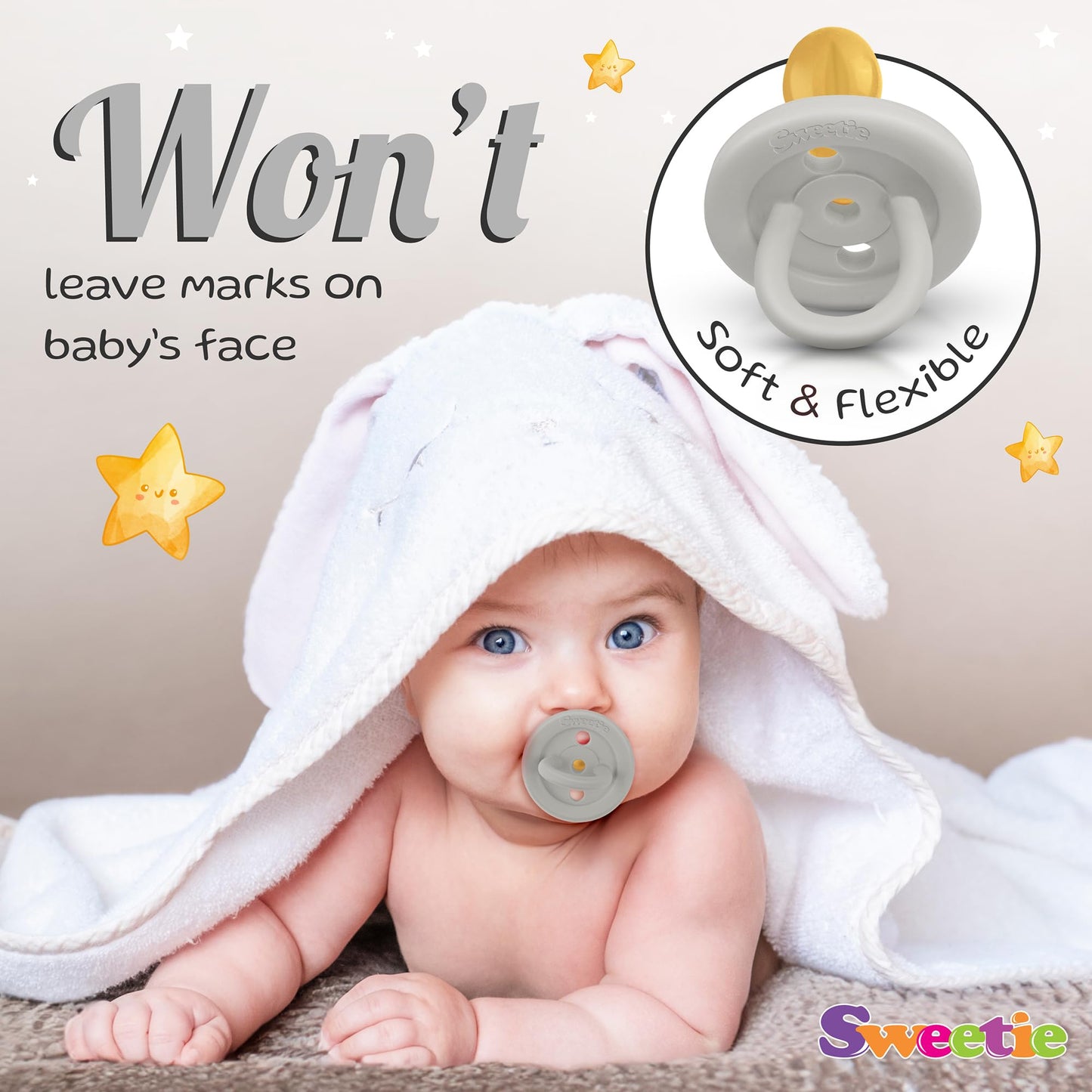 Sweetie Rubber Pacifier Natural Rubber Pacifier Rounded (Grey, 6-12 Month)
