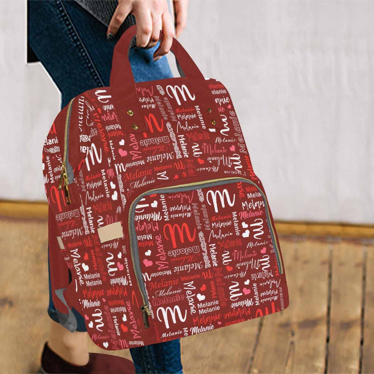 Artsadd Custom Monogram Baby Backpack Gifts For Mom, Personalized Red Hearts Diaper Backpack With Stroller Straps Large Capacity