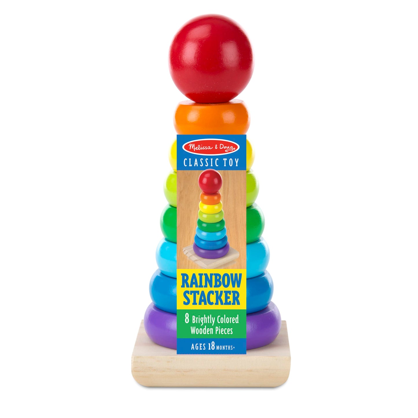 Melissa & Doug Rainbow Stacker Wooden Ring Educational Toy - Wooden Rainbow Stacking Rings Baby Toy, Stacker Toys For Infants An