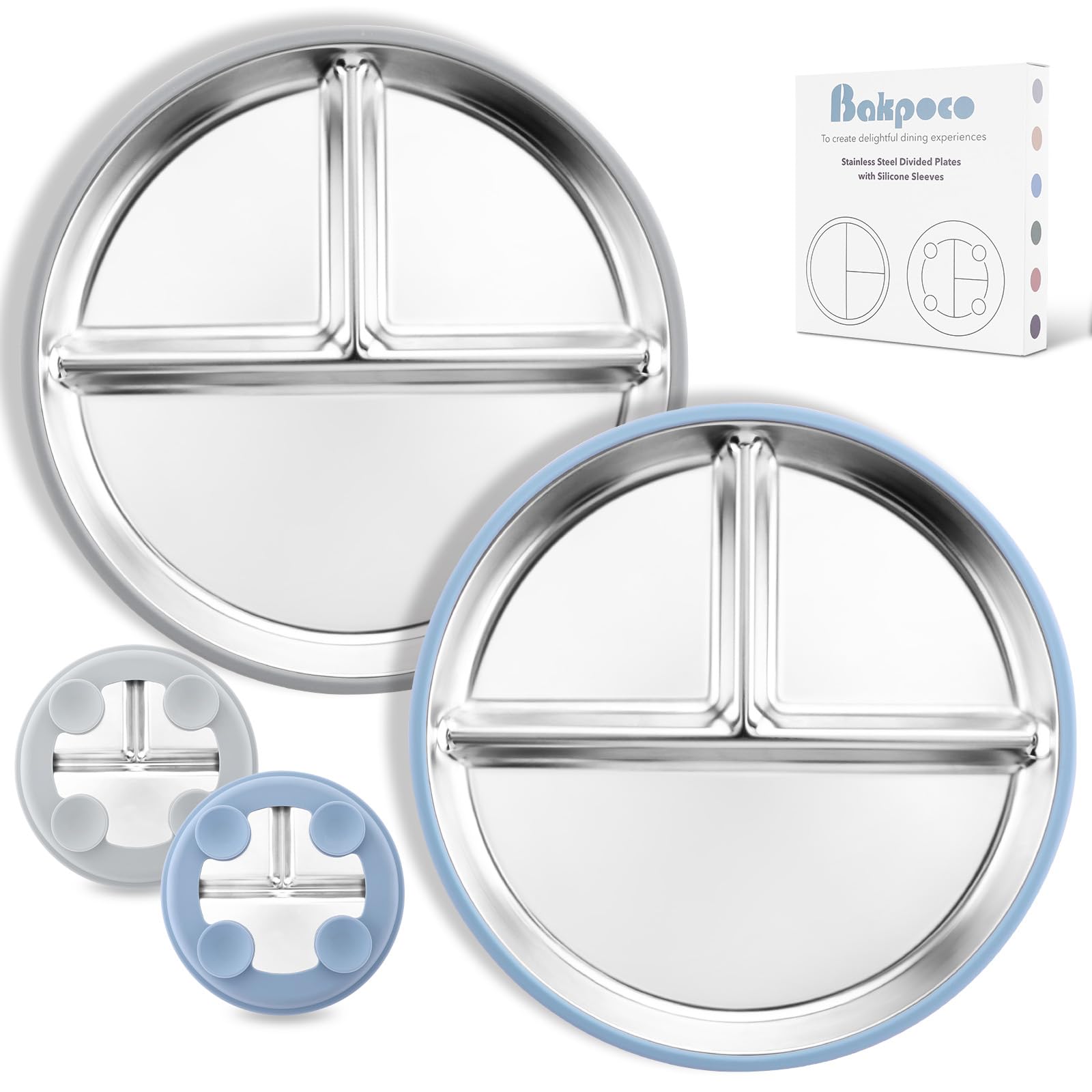 Bakpoco 8 Stainless Steel Toddler Plates with Suction, Divided Plates with Removable Silicone Sleeves for Baby, Non Toxic & BPA 