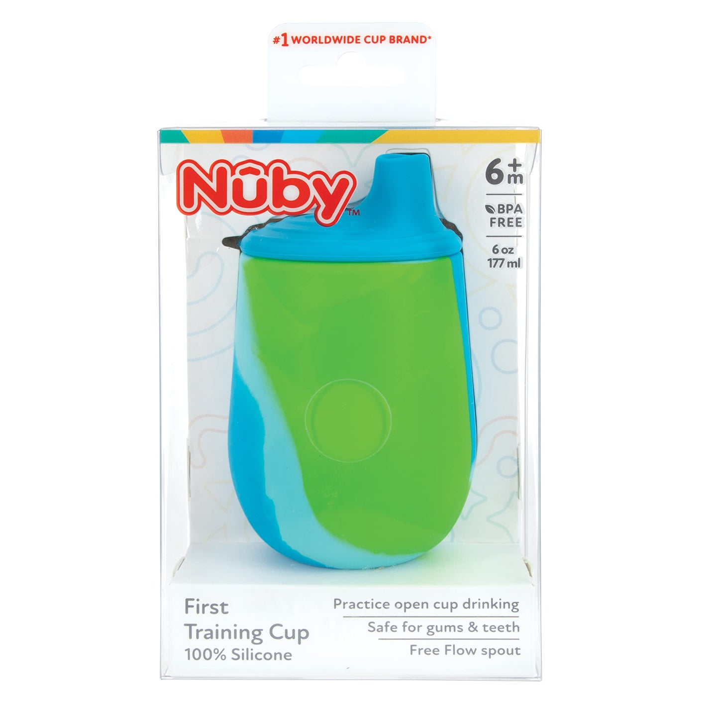 Nuby Silicone Tie-Dye First Training Cup With Free Flow Soft Spout - 6Oz, 6+ Months, Blue/Green