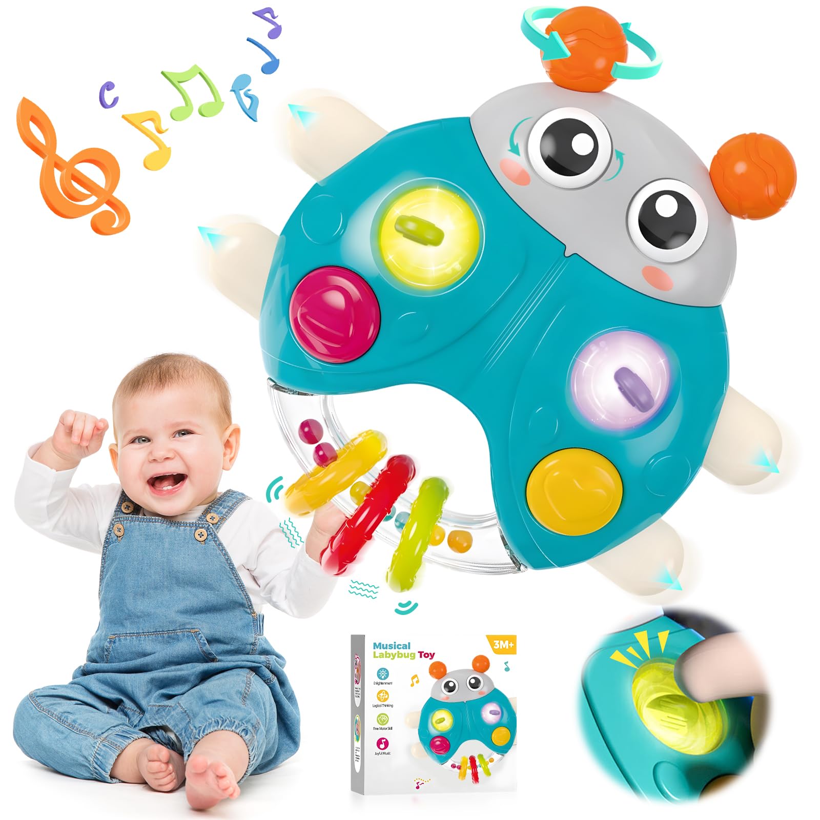 Montessori Toys for 1 Year Old,Musical Ladybug Toy Early Development Toy Music Light Up Toy Toddler Sensory Toys Pop Fidget Toys