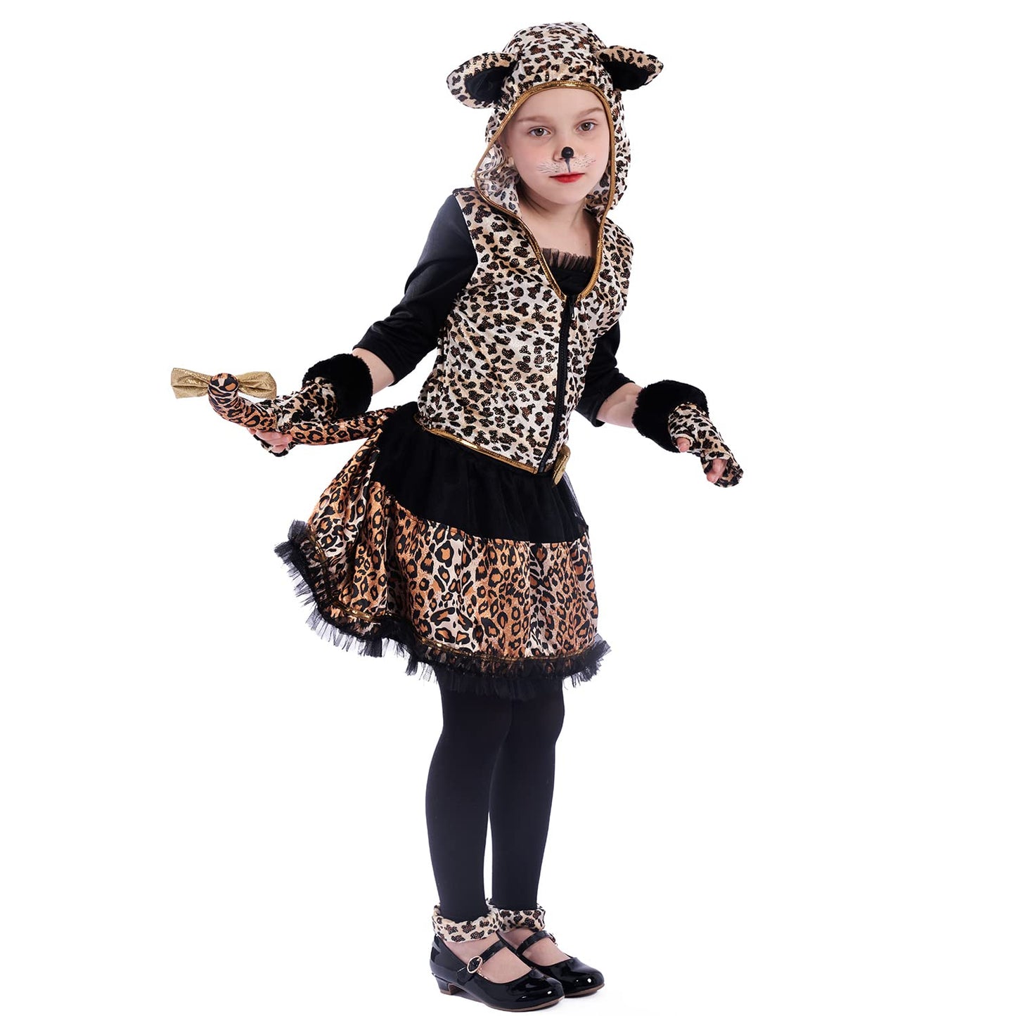Lingway Toys Cheetah Costume For Girl'S Halloween,Girl'S Leopard Costume Dress With Tights,Glovelettes,Tail Large(12-14)