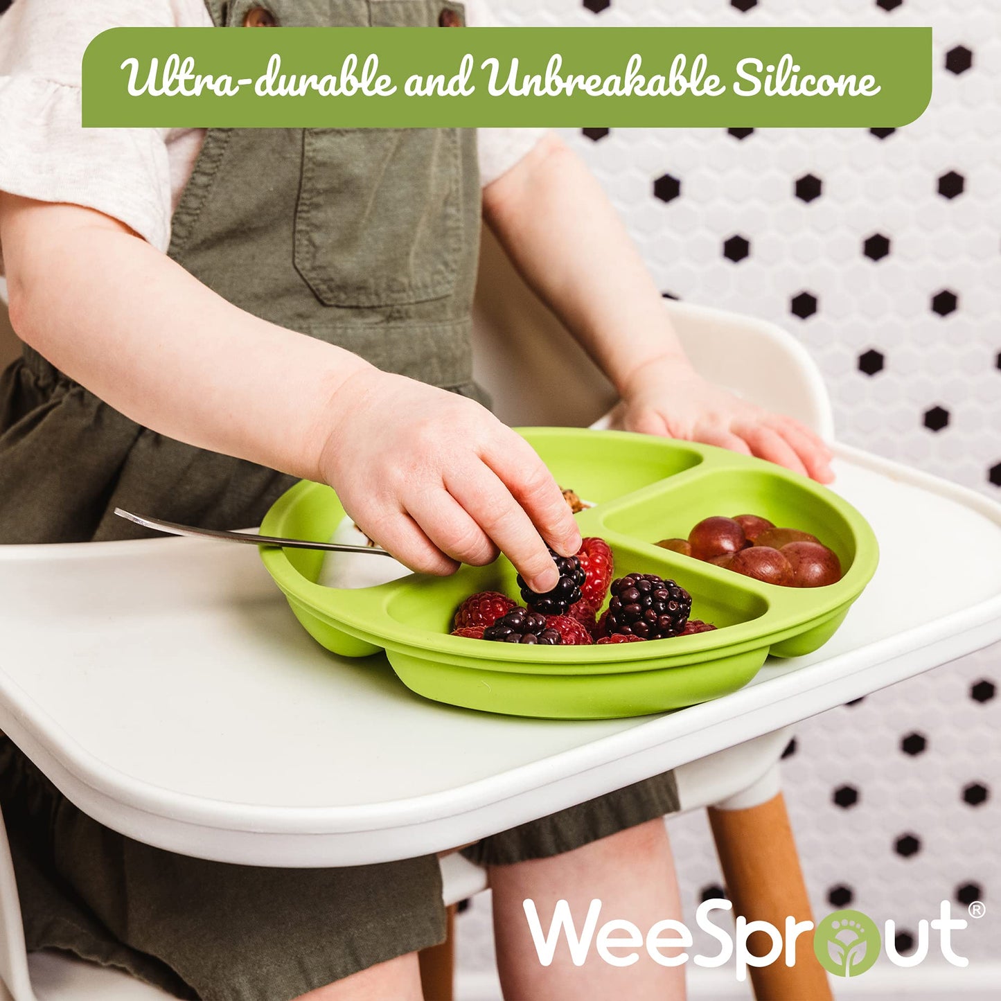 WeeSprout Silicone Plates for Babies & Toddlers (3 Pack) 100% Food-Grade Dishes for Self Feeding, Divided Design & Raised Edges