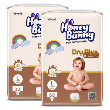 Honey Bunny Baby Diaper Pants | Dry Plus Protection With 360 Soft Elastic Waistband | Upto 12 Hours Protection | Large (9 To 14 