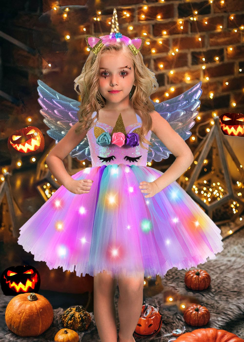 Genafy Girls Unicorn Sparkly Dress Light Up Halloween Christmas Decorations Birthday Party Princess Outfit Kids 3 4 Year Old Gir