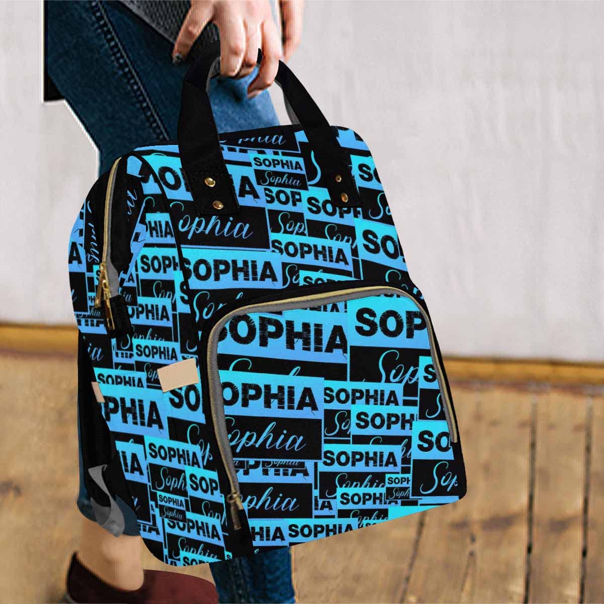 Artsadd Personalized Diaper Bag With Name, Customized Black Blue Signature Nappy Backpack With Thermal Pockets Multi-Function Ba